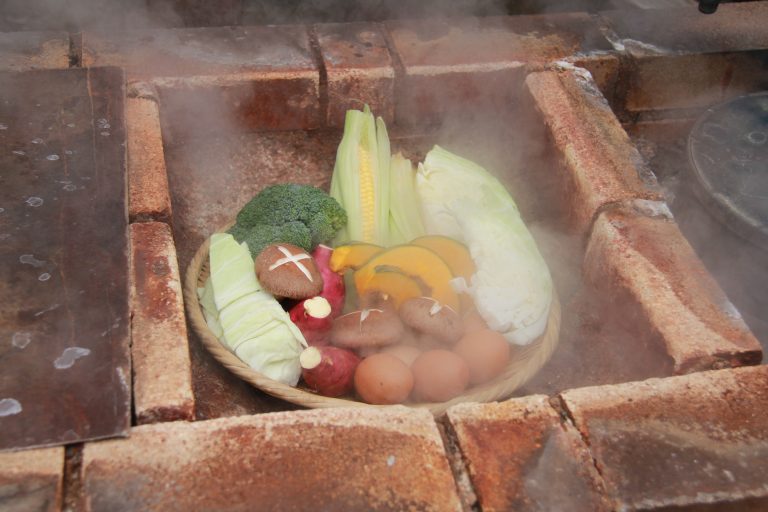 Beppu Onsen traditional Jigoku Mushi steamed vegetables and eggs.