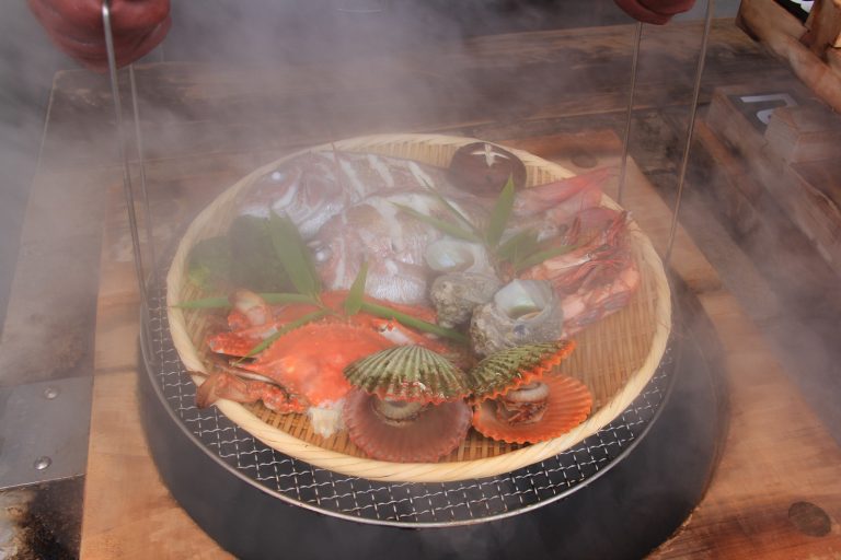 Beppu Onsen traditional Jigoku Mushi steamed seafood platter.