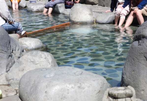 Gero Onsen - Gero Onsen: Discover One of Japan’s Top 3 Hot Springs Visitors soaking their feet in Gero Onsen outdoor foot bath surrounded by rocks.