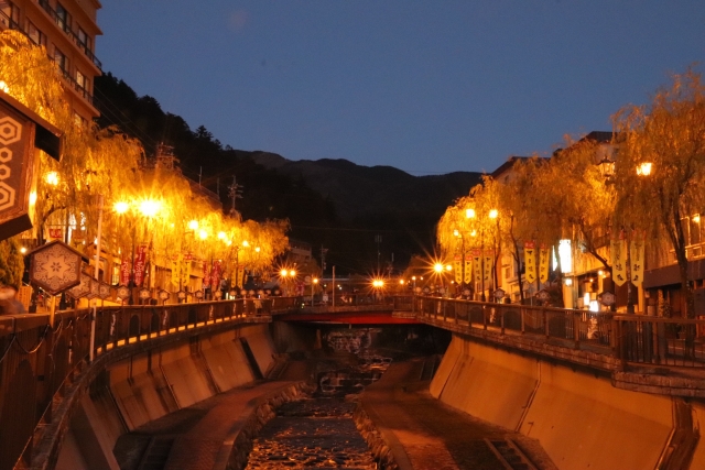 Gero Onsen - Gero Onsen: Discover One of Japan’s Top 3 Hot Springs Gero Onsen nighttime view along the Hida River illuminated with lights.