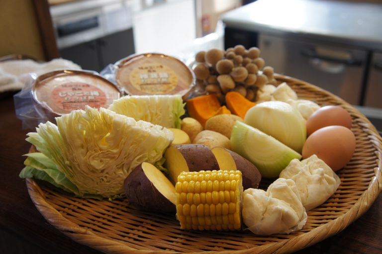 Beppu Onsen local steamed cuisine ingredients including vegetables and eggs.