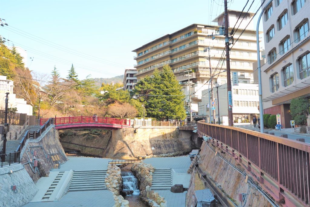 Arima Onsen Townscape with Red Bridge