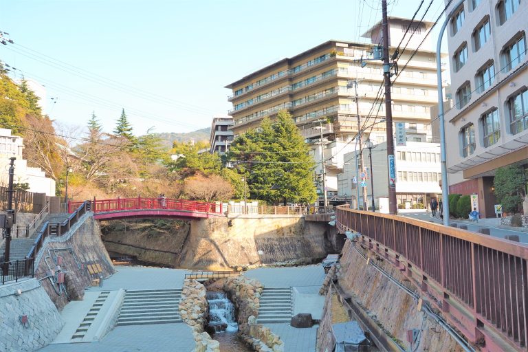 Arima Onsen Townscape with Red Bridge