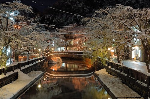 Snow-covered willow trees and Taiko Bridge reflected in the river at night in Kinosaki Onsen, creating a magical winter scene.