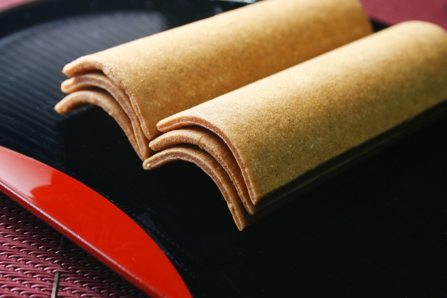 Baked yatsuhashi, a traditional cinnamon-flavored Kyoto sweet, commonly found in shops around Arashiyama Kyoto.