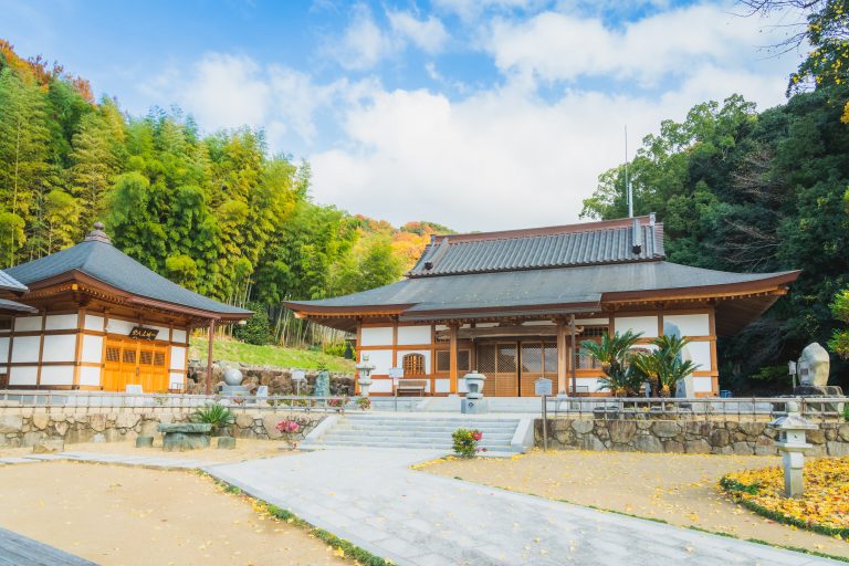 A serene view of a traditional Japanese temple surrounded by lush greenery and autumn leaves in Dogo Onsen.